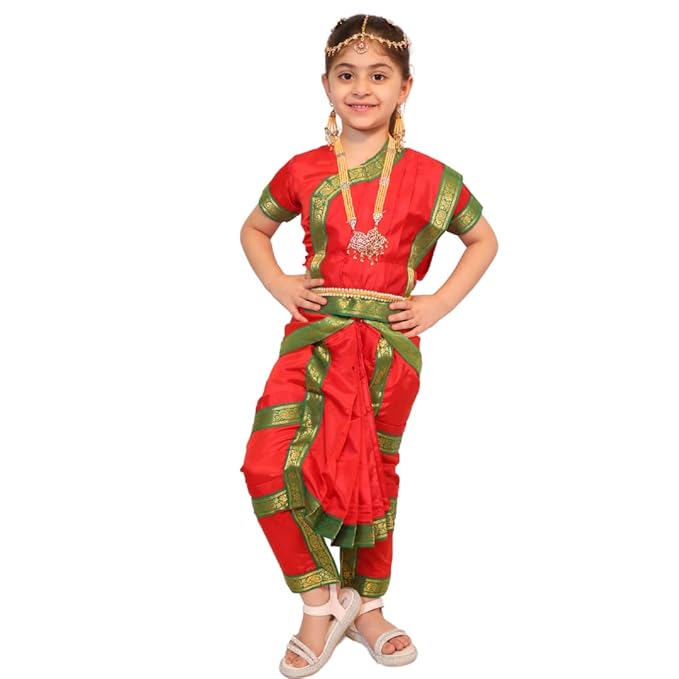 Bharatnatyam Dress for Kids with Jewellery Set For Dance Costume Outfit with Accessories